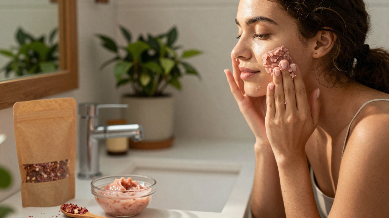 Mulher aplicando esfoliante facial rosa no rosto em banheiro com pia e espelho.