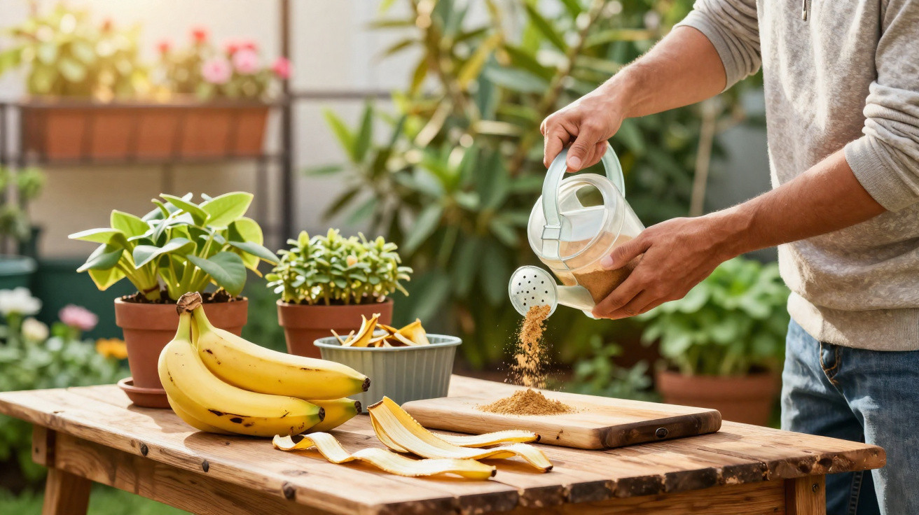 Pessoa adicionando fertilizante em um vaso em uma mesa de madeira com bananas e plantas ao fundo.