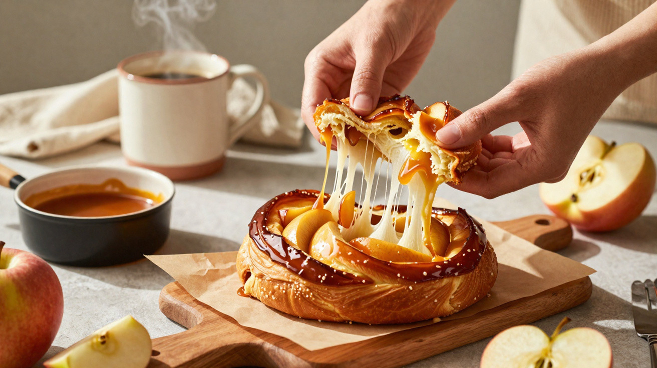 Pessoa puxando fatia de torta de maçã com queijo derretido, ao lado de maçãs e xícara de café quente.
