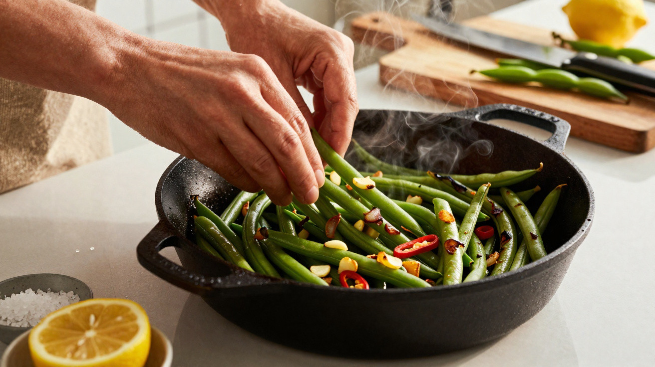 Mãos preparando vagem com alho e pimenta vermelha em frigideira preta, com limão e sal ao lado.