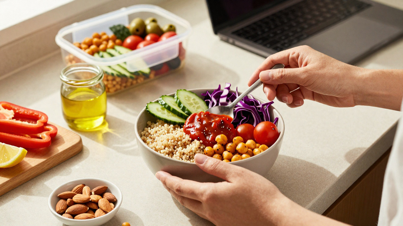 Pessoa colocando molho vermelho em bowl com grão-de-bico, quinoa, pepino, tomate e repolho roxo na bancada da cozinha.