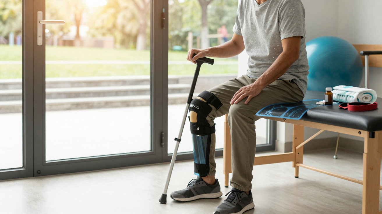 Homem sentado com órtese na perna e bengala, em sala de fisioterapia com equipamento ao fundo.