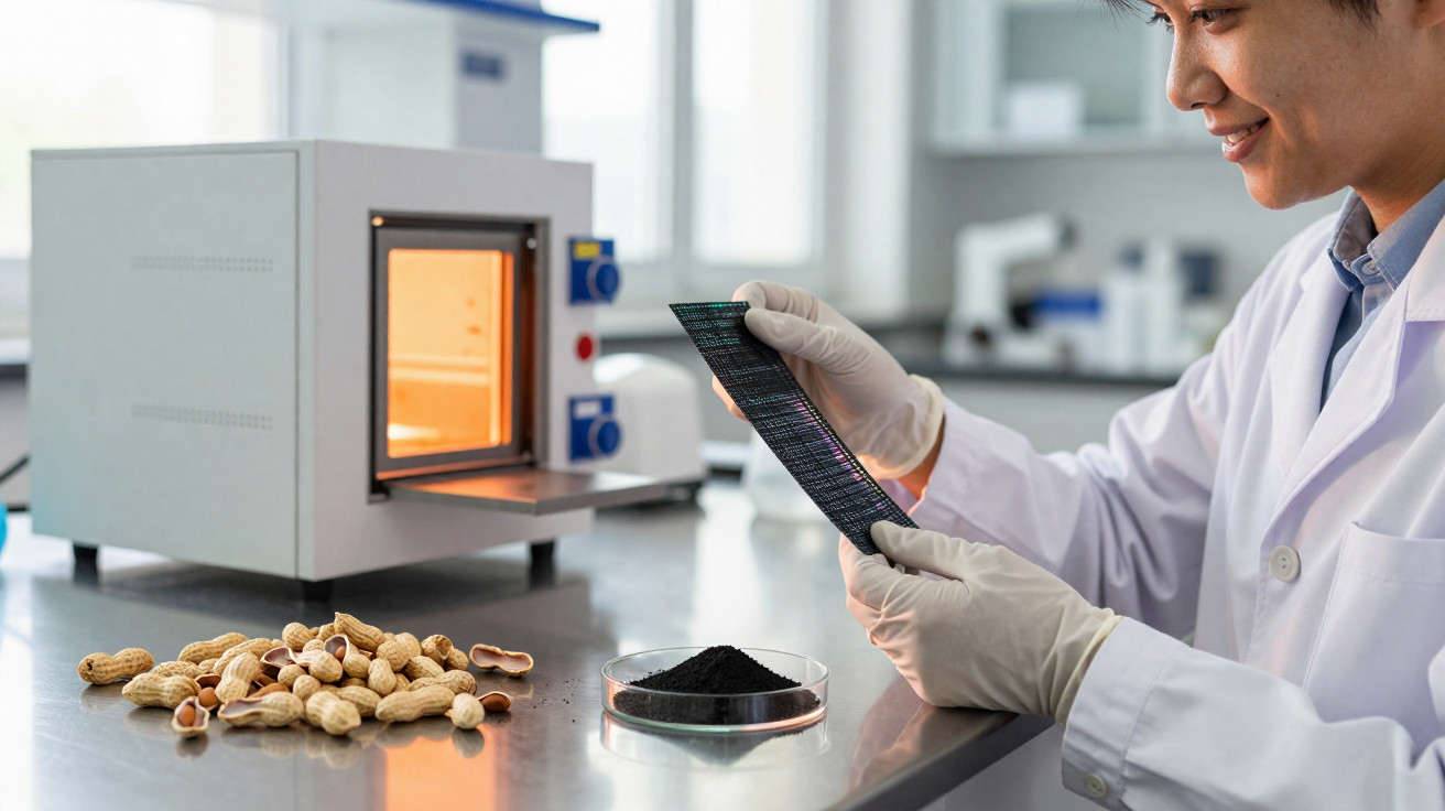 Cientista em laboratório segurando uma folha flexível, com amendoins e pó preto sobre a mesa.