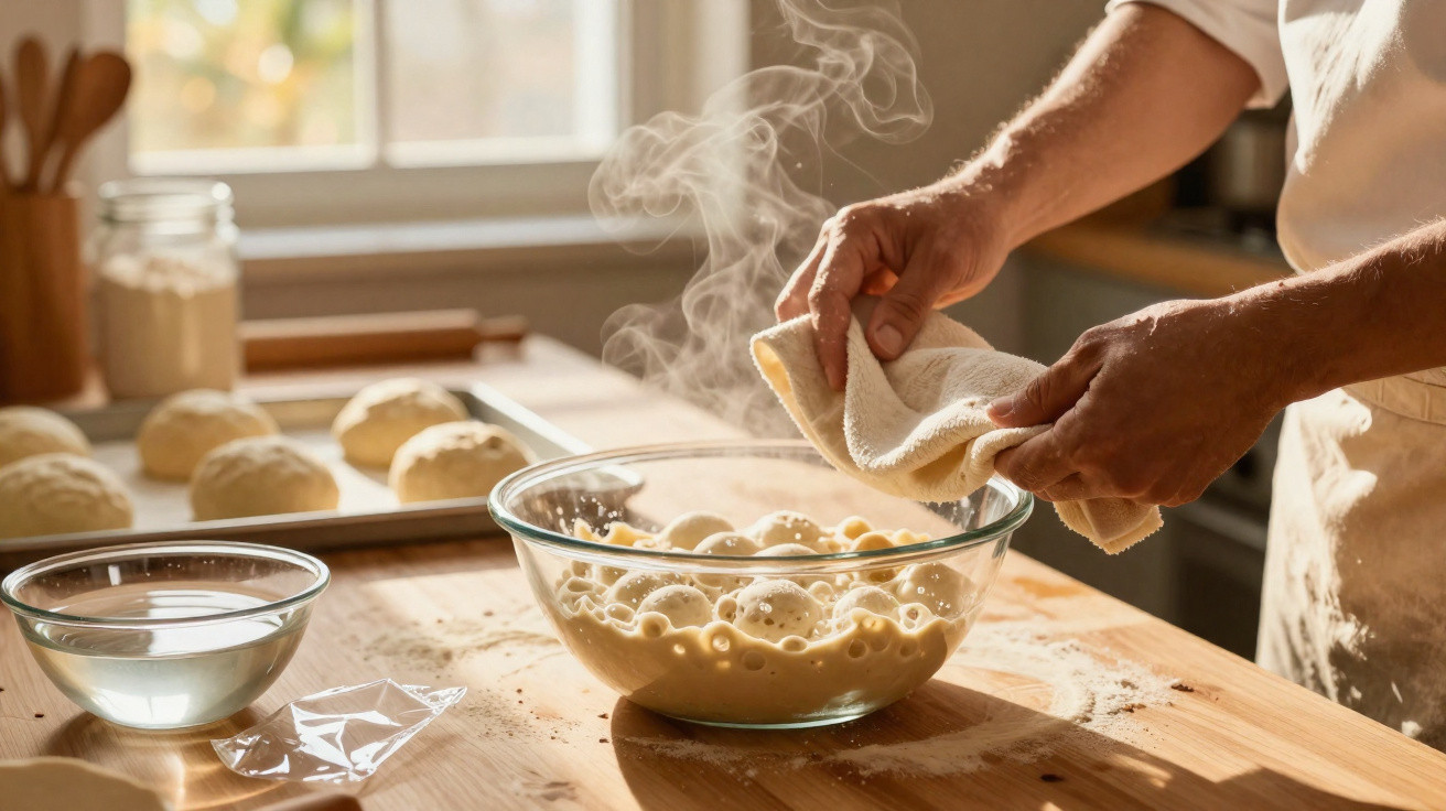 Mãos de cozinheiro preparando massa fermentada em tigela de vidro em cozinha iluminada, com pão ao fundo.