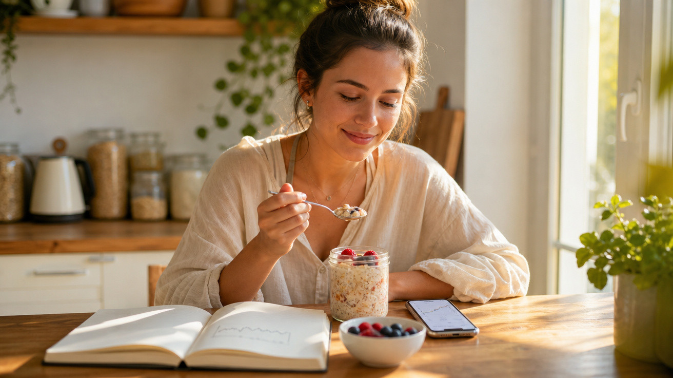 Jovem sorrindo enquanto come mingau com frutas, ao lado de caderno aberto e celular sobre a mesa.