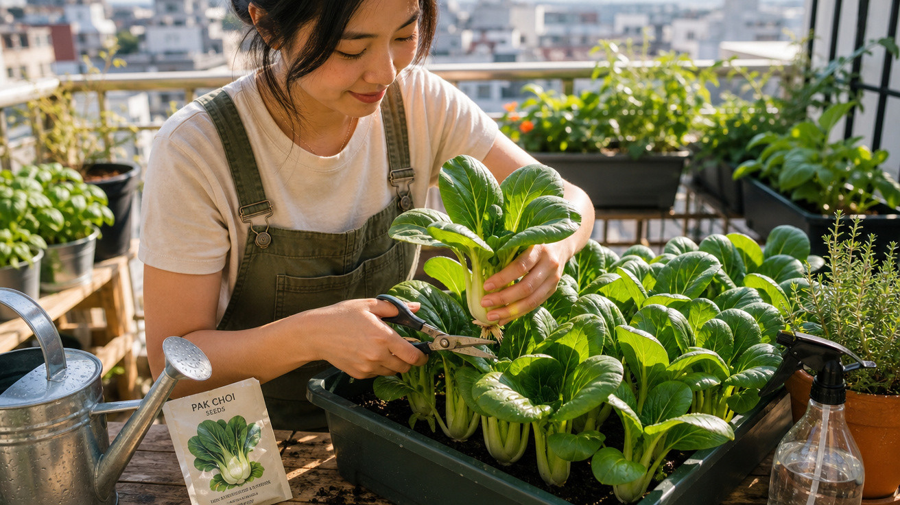 Mulher colhendo pak choi em vaso na varanda de apartamento com regador e borrifador ao lado.