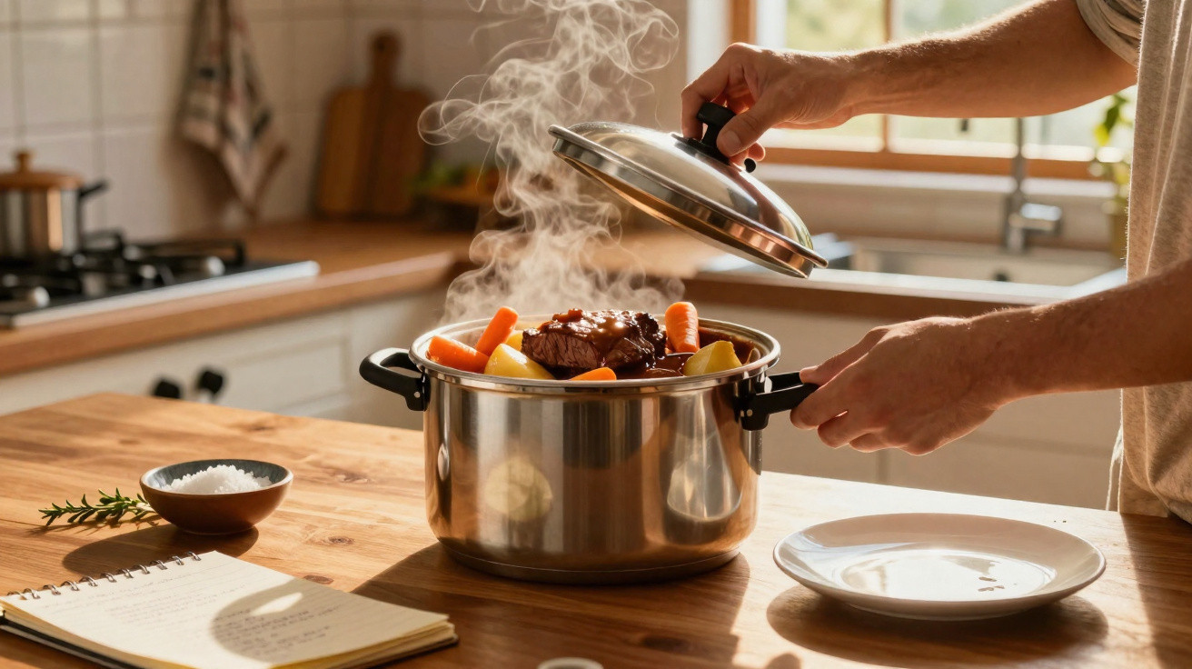 Panela de aço inox com carne, cenoura e batata sendo tampada em cozinha iluminada.