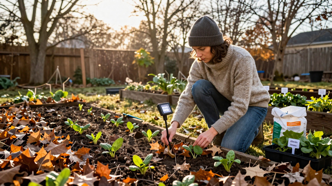 Mulher plantando mudas em canteiro de jardim ao ar livre em dia ensolarado de outono.