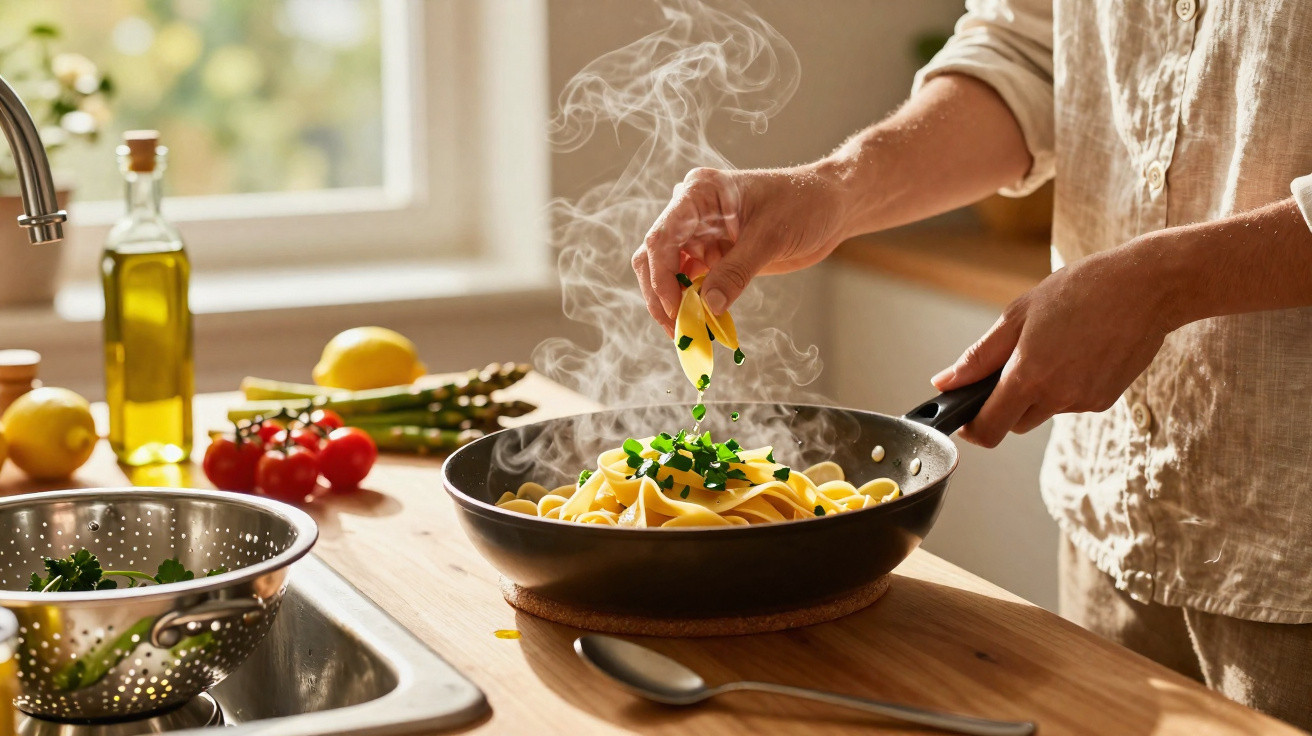 Pessoa temperando macarrão fresco com ervas em frigideira quente na cozinha iluminada por luz natural.