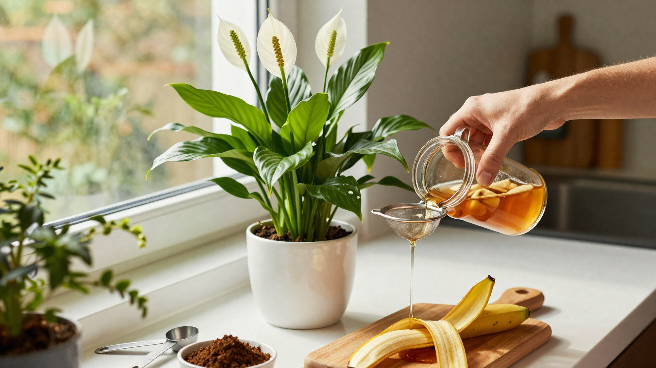 Pessoa derramando mel sobre banana cortada em tábua, com plantas decorativas ao fundo na cozinha.