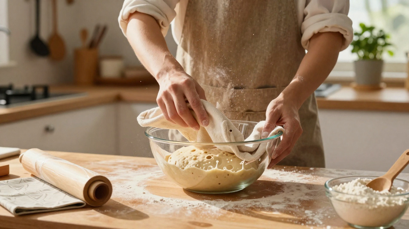 Pessoa retirando massa de pão fermentada em uma tigela de vidro na cozinha doméstica.