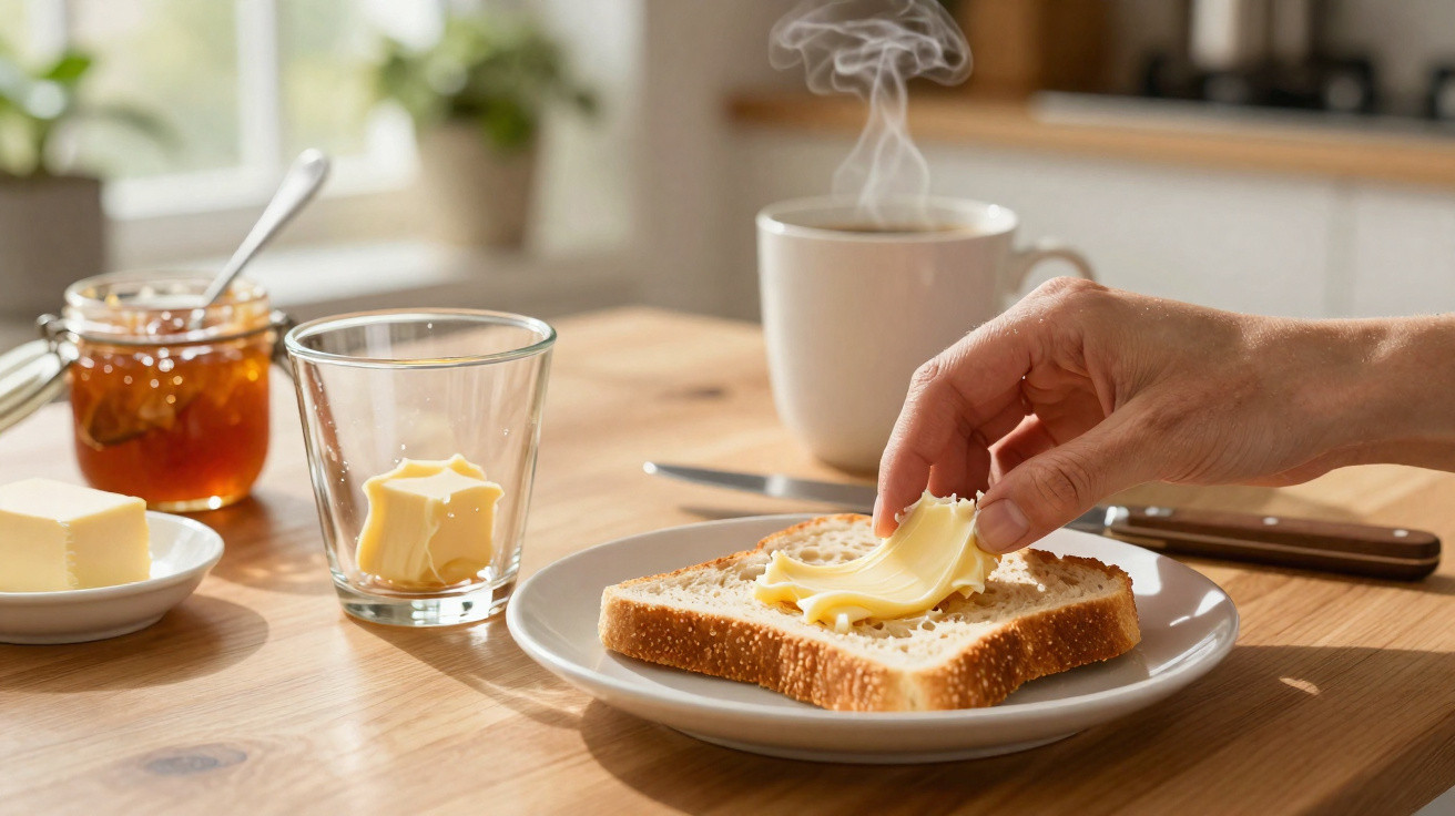 Mão passando manteiga em fatia de pão com xícara de café, pote de geleia e manteiga na mesa.