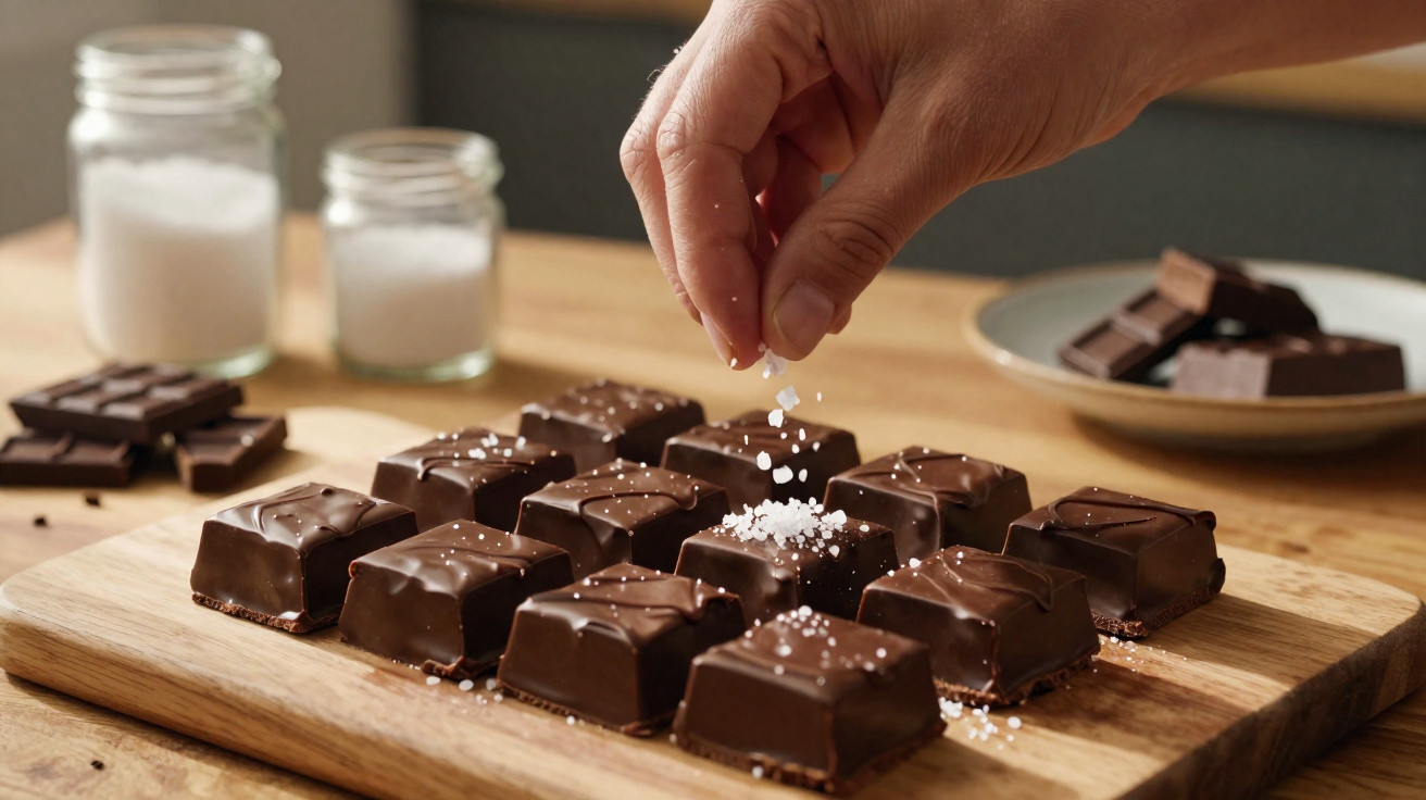 Mão salpicando flocos de sal sobre bombons de chocolate em tábua de madeira sobre mesa clara.