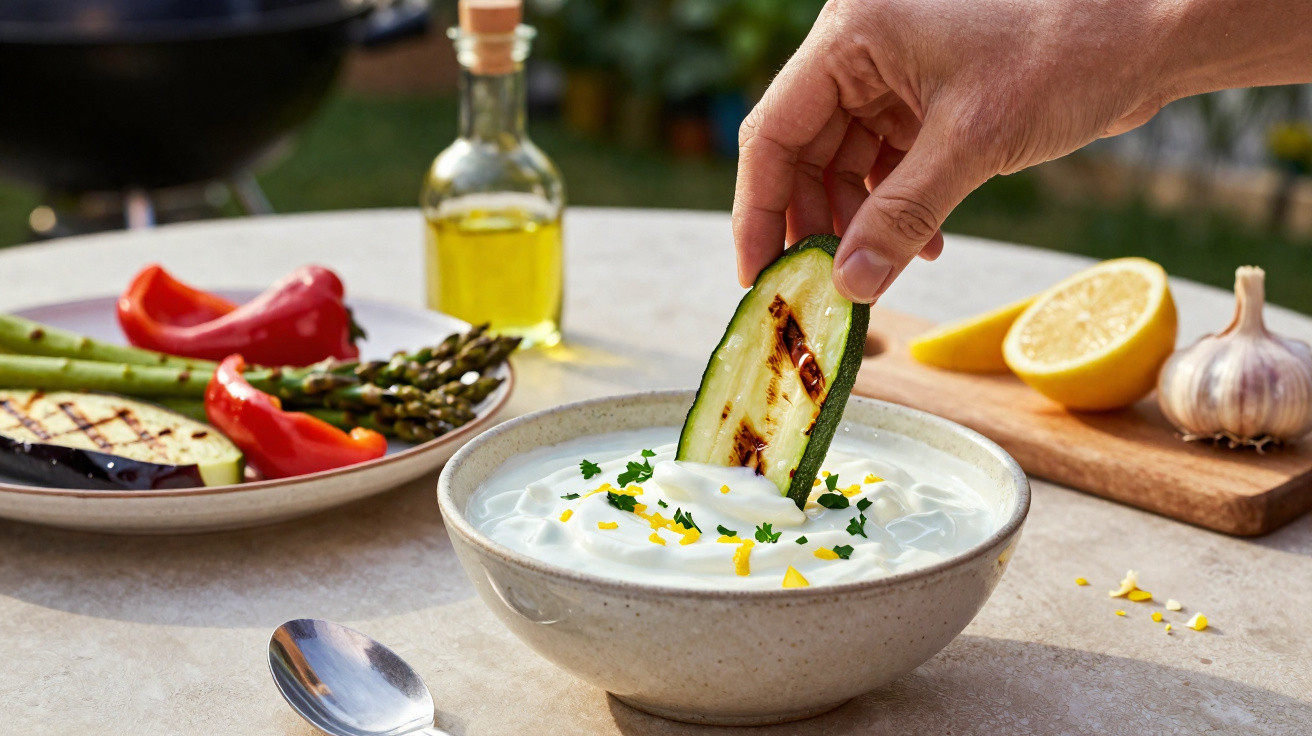 Mão mergulhando fatia de abobrinha grelhada em molho branco com ervas, legumes grelhados e limão ao fundo.