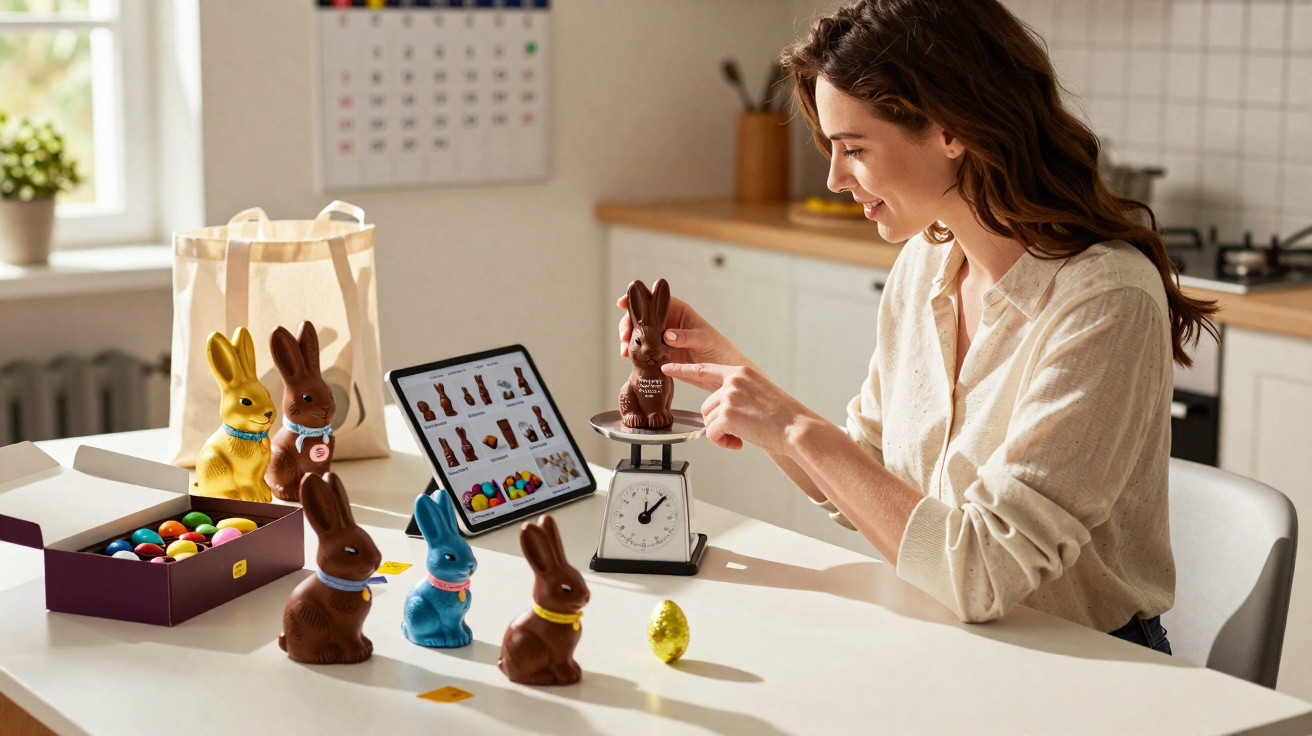 Mulher pesa coelho de chocolate na balança enquanto pesquisa variedade de coelhos em tablet na cozinha.