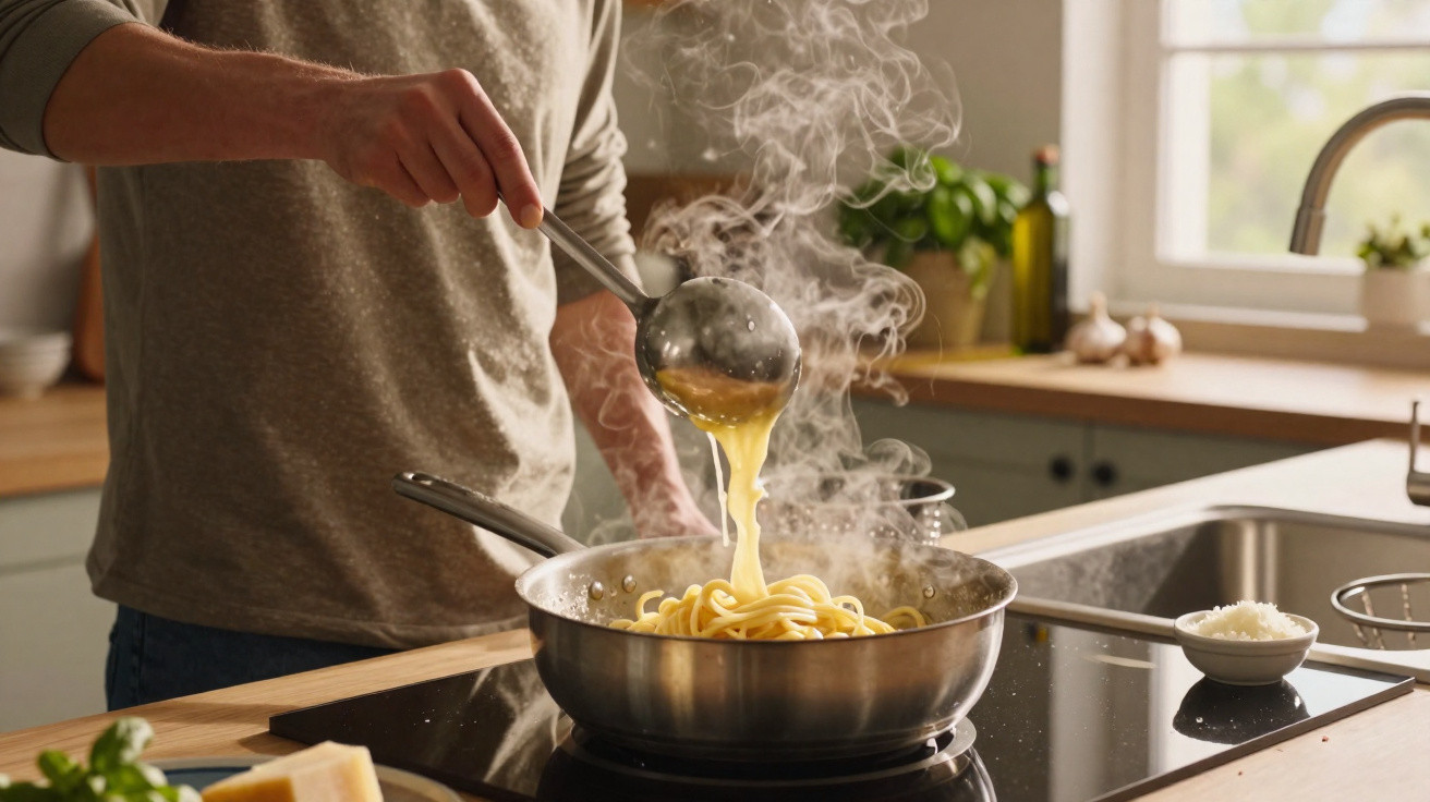 Pessoa cozinhando macarrão e molho quente em frigideira no fogão elétrico de cozinha moderna