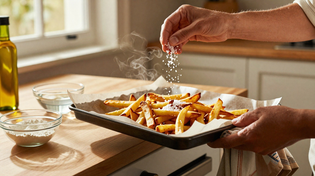 Mãos adicionando sal grosso em batatas fritas quentes numa assadeira na cozinha iluminada pela luz natural.