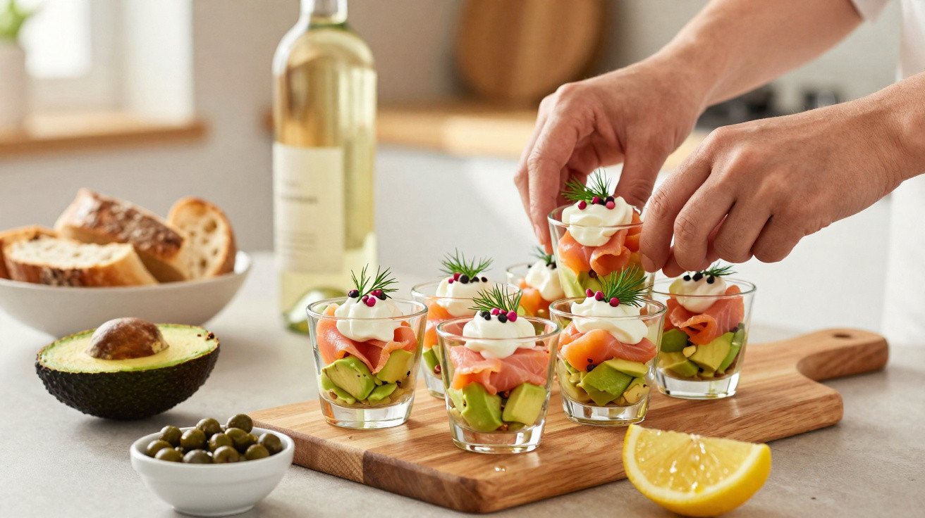 Pessoa decorando copos com salmão, abacate e creme sobre tábua de madeira na cozinha.