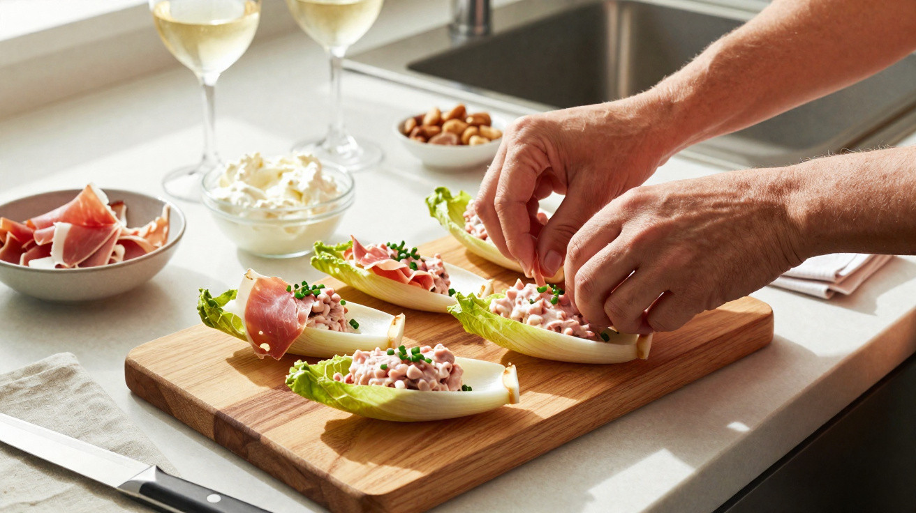 Mãos decorando canapés com recheio rosa e presunto em folhas sobre tábua de madeira na cozinha clara.