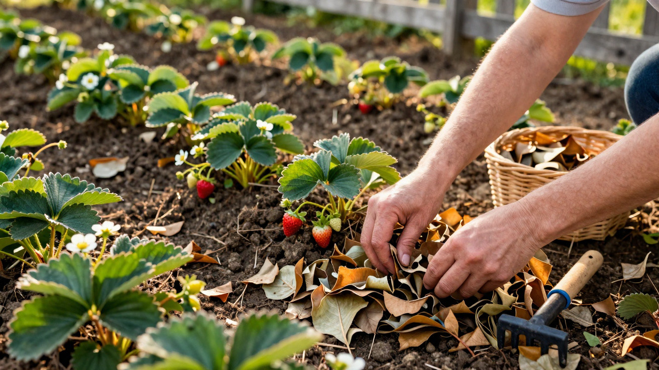 Mãos organizando folhas secas em plantações de morango com frutas vermelhas e flores brancas no jardim.