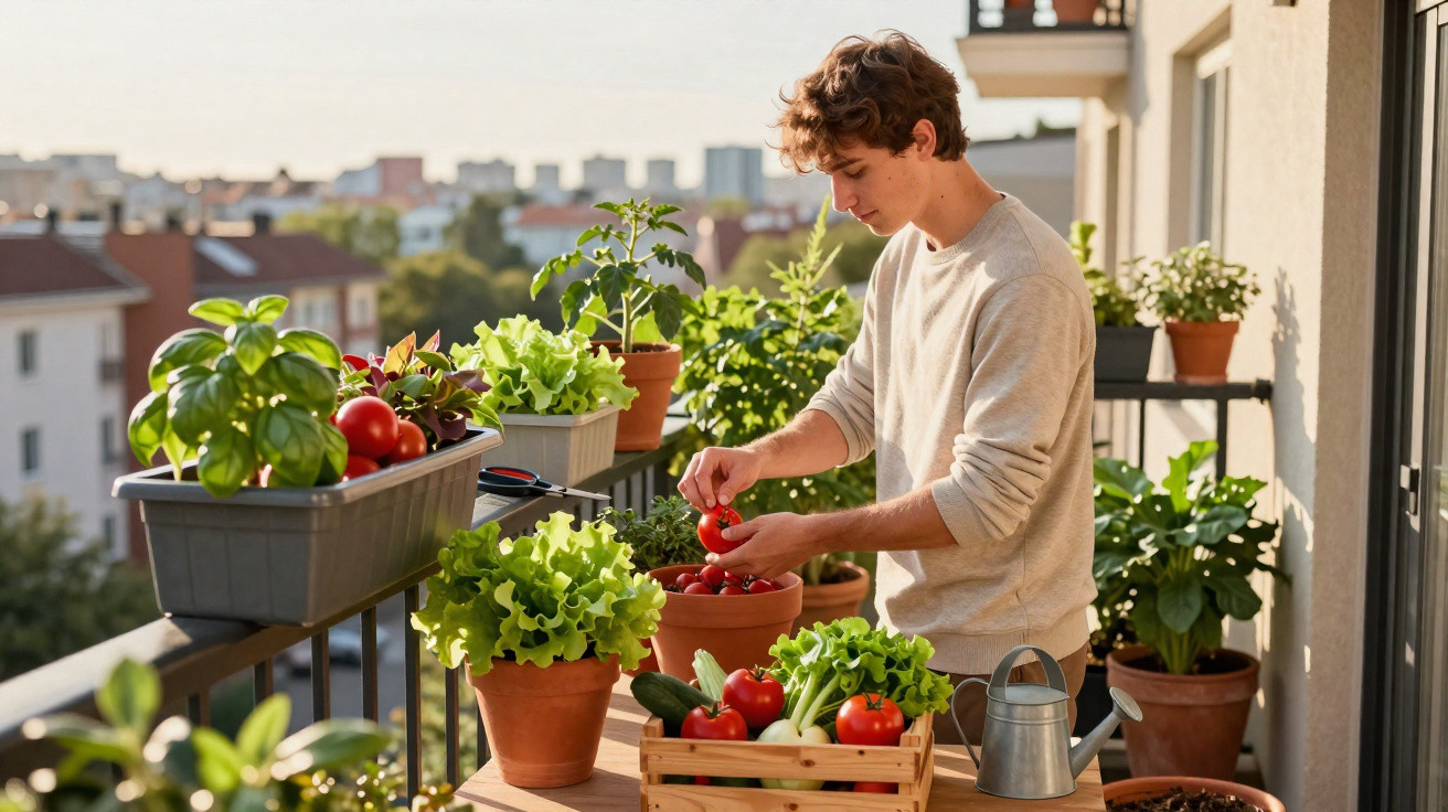 Homem cuidando de plantas e colhendo tomates em varanda ensolarada com vasos e hortaliças.