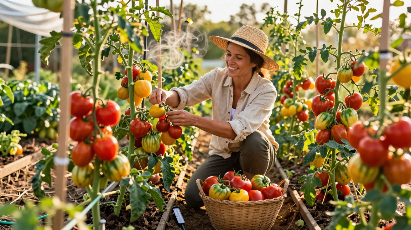 Mulher colhendo tomates maduros e coloridos em uma plantação ensolarada, com cesta cheia ao lado.