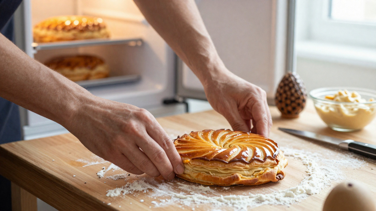 Mãos posicionando torta dourada sobre mesa de madeira com farinha, próximo a forno e tigela com manteiga.