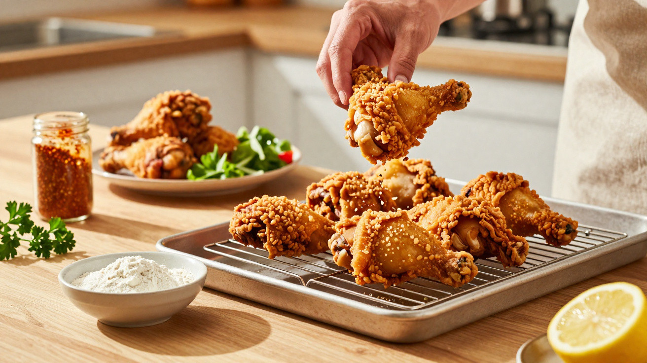 Mão segurando pedaço de frango frito crocante sobre forma com mais pedaços em bancada de cozinha.