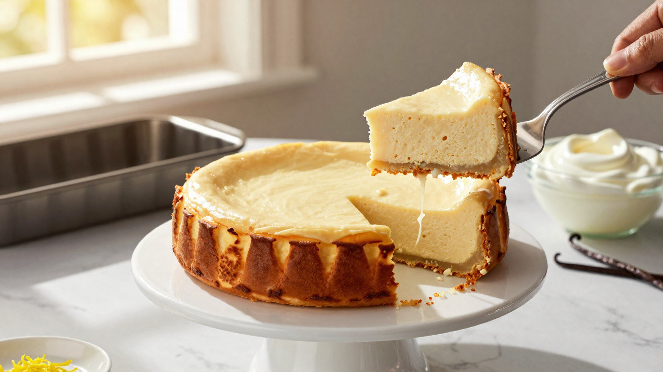 Bolo de cheesecake cremoso sendo servido em pedestal branco sobre mesa clara em cozinha iluminada.