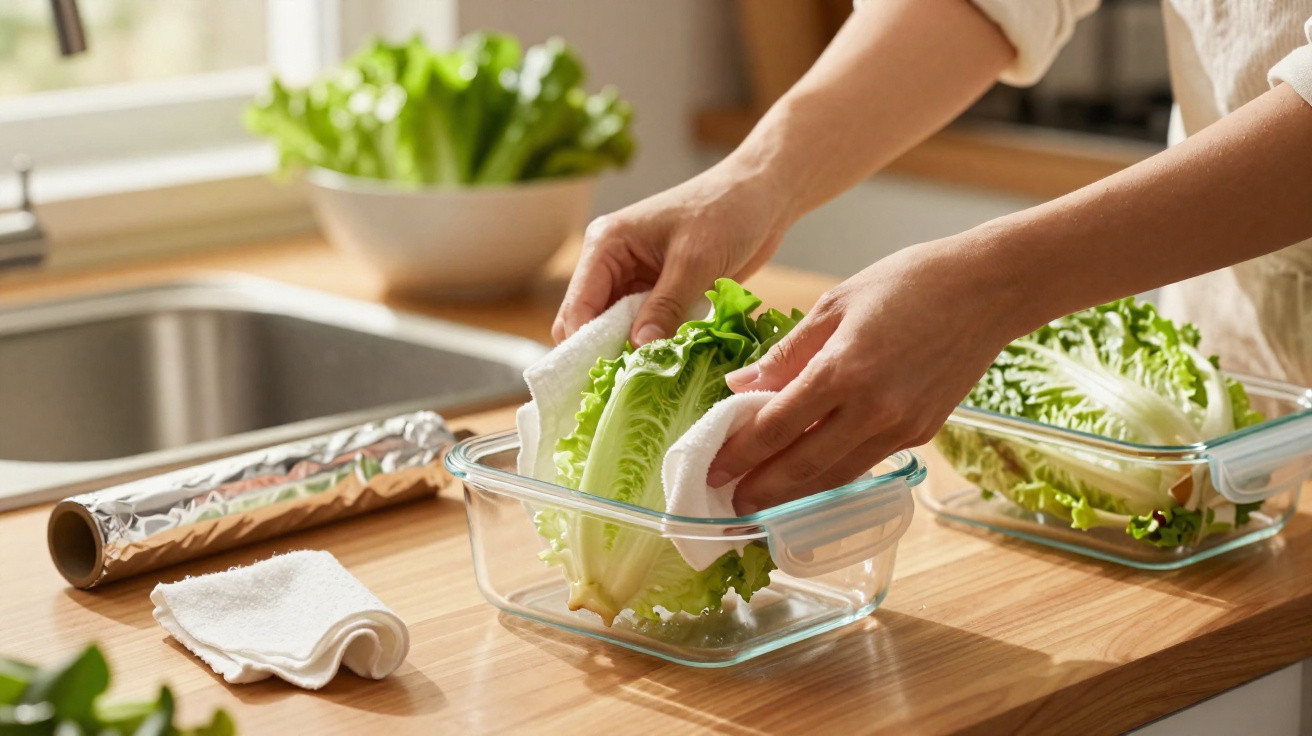 Mãos secando folhas de alface com pano antes de guardar em recipiente de vidro na cozinha.