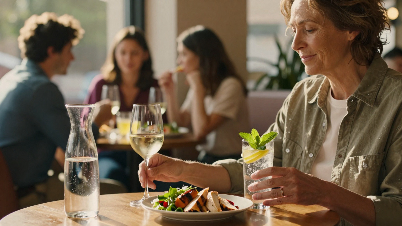Mulher madura segura taça de vinho em restaurante, com salada e copo de água com limão na mesa.