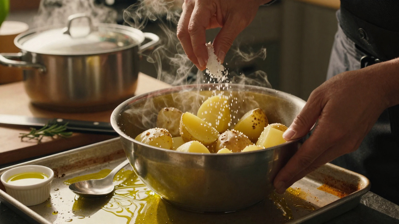 Mãos salpicando sal em batatas cozidas em uma tigela de metal sobre uma assadeira com azeite.