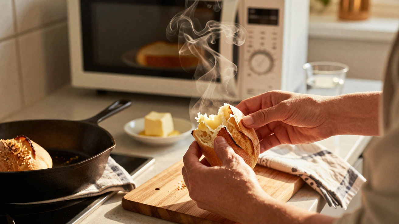 Mãos quebrando pão quente com vapor em cozinha com frigideira, manteiga e micro-ondas ao fundo.