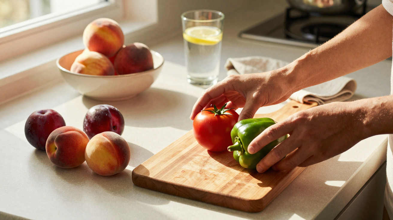 Mãos segurando tomate e pimentão verde sobre tábua de madeira em cozinha com frutas e copo de água.