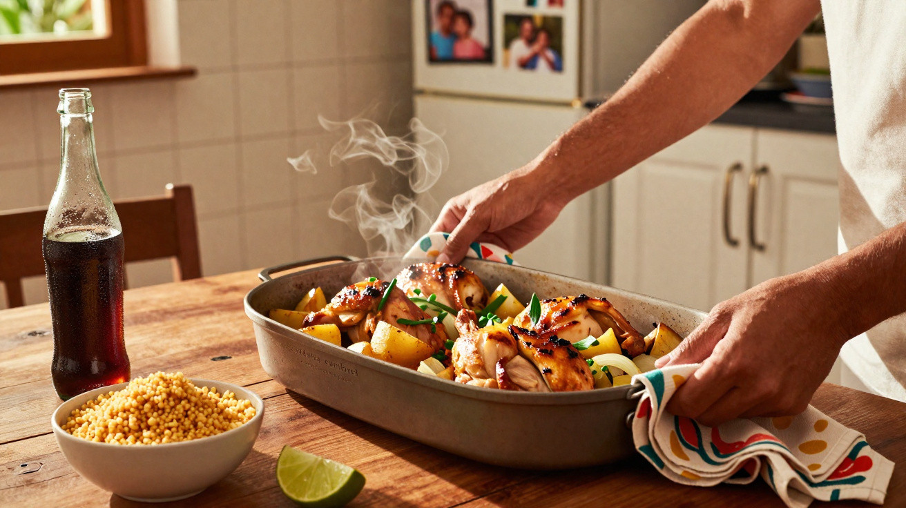 Pessoa segurando travessa com frango assado e batatas, ao lado de bowl com cuscuz, limão e refrigerante na mesa.