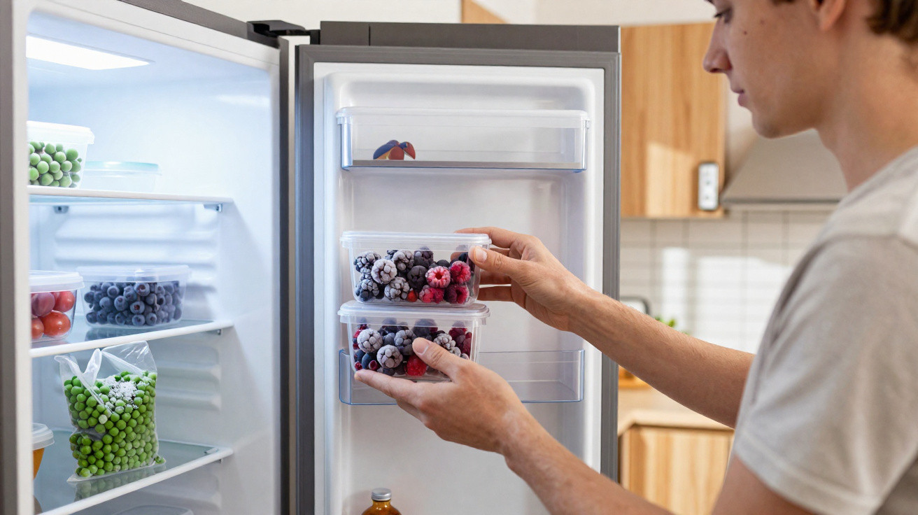 Pessoa guardando potes com frutas congeladas na porta de geladeira em cozinha moderna.