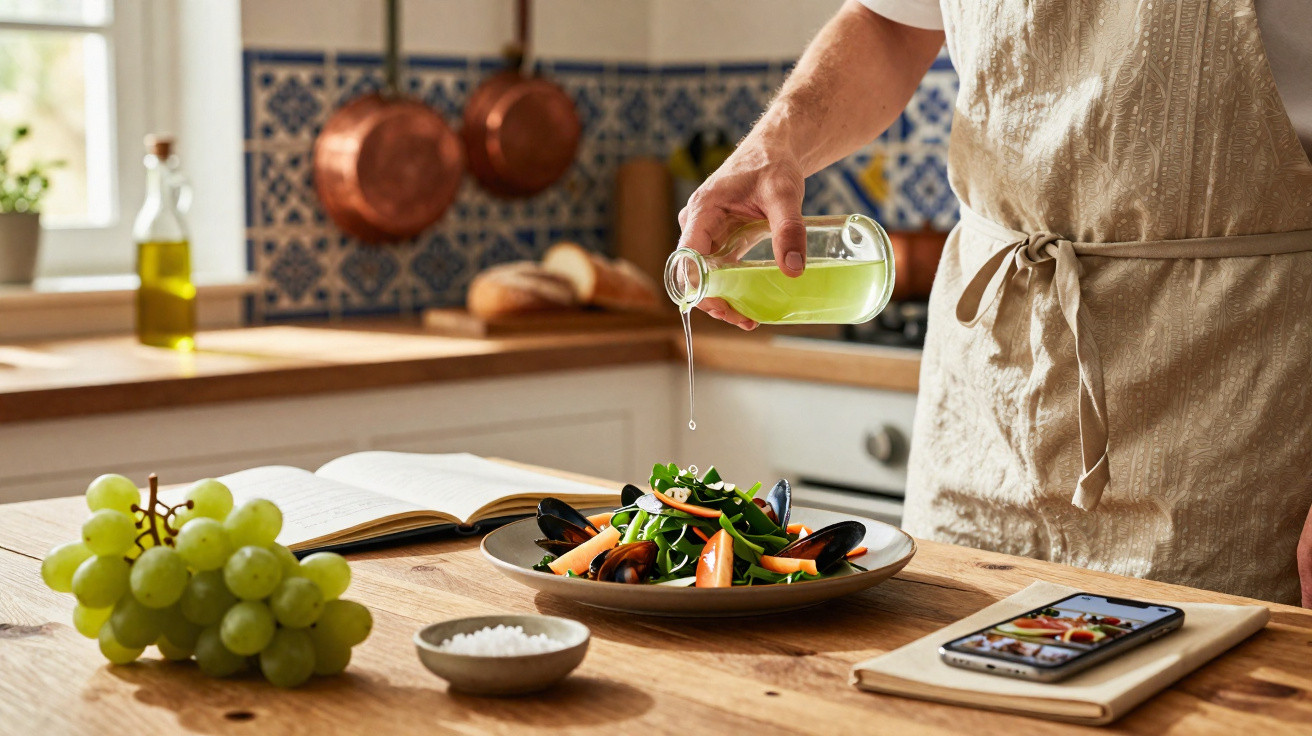 Pessoa temperando salada com azeite verde em cozinha rústica, com uvas, sal e celular na bancada de madeira.