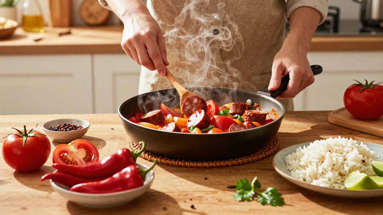Pessoa mexendo comida na frigideira com legumes, linguiça e arroz ao lado na mesa de madeira.