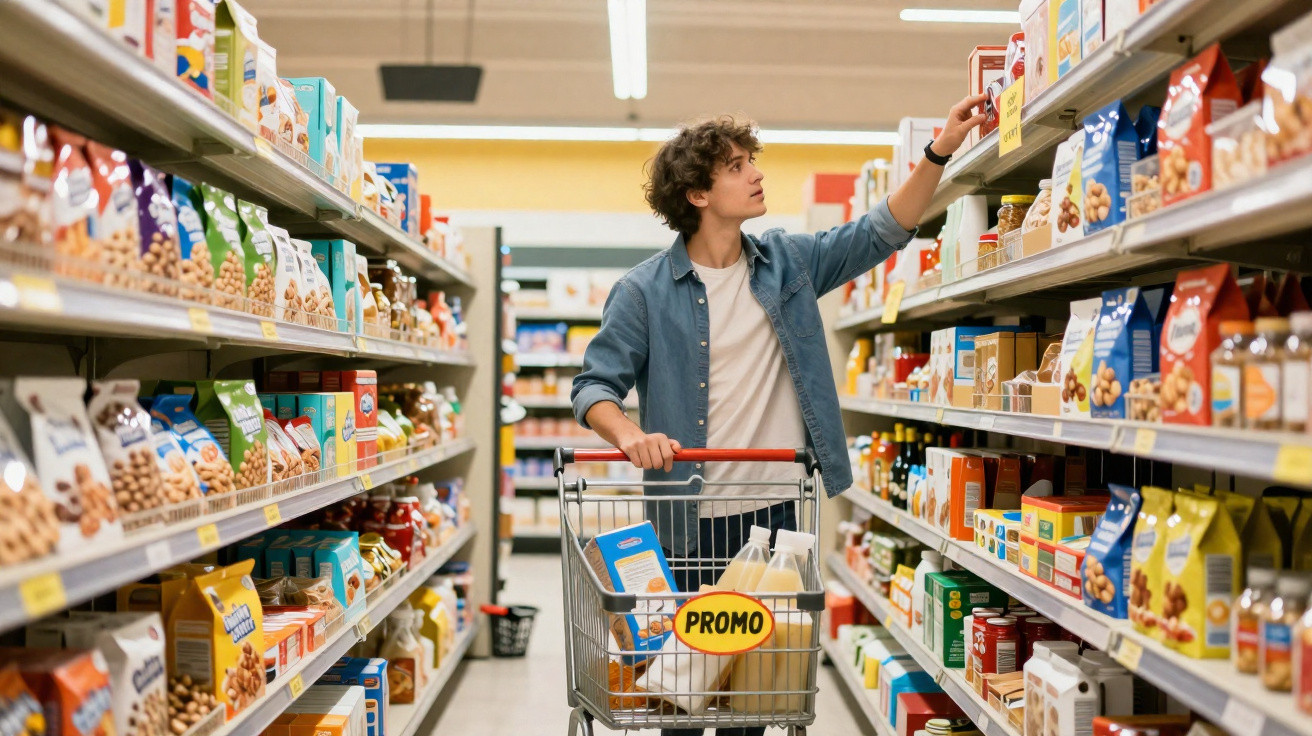 Jovem pega produto em prateleira de supermercado enquanto empurra carrinho com promoções.