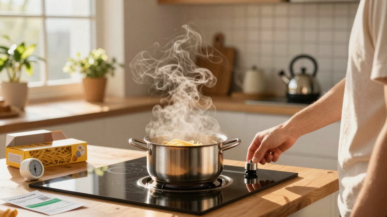 Pessoa ajustando fogo em fogão elétrico com panela de macarrão cozinhando e vapor saindo na cozinha iluminada