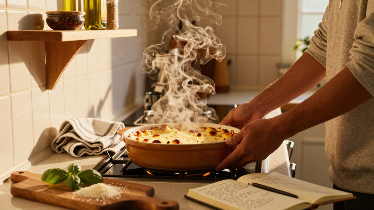 Pessoa segurando prato quente de lasanha saindo fumaça na cozinha iluminada natural.