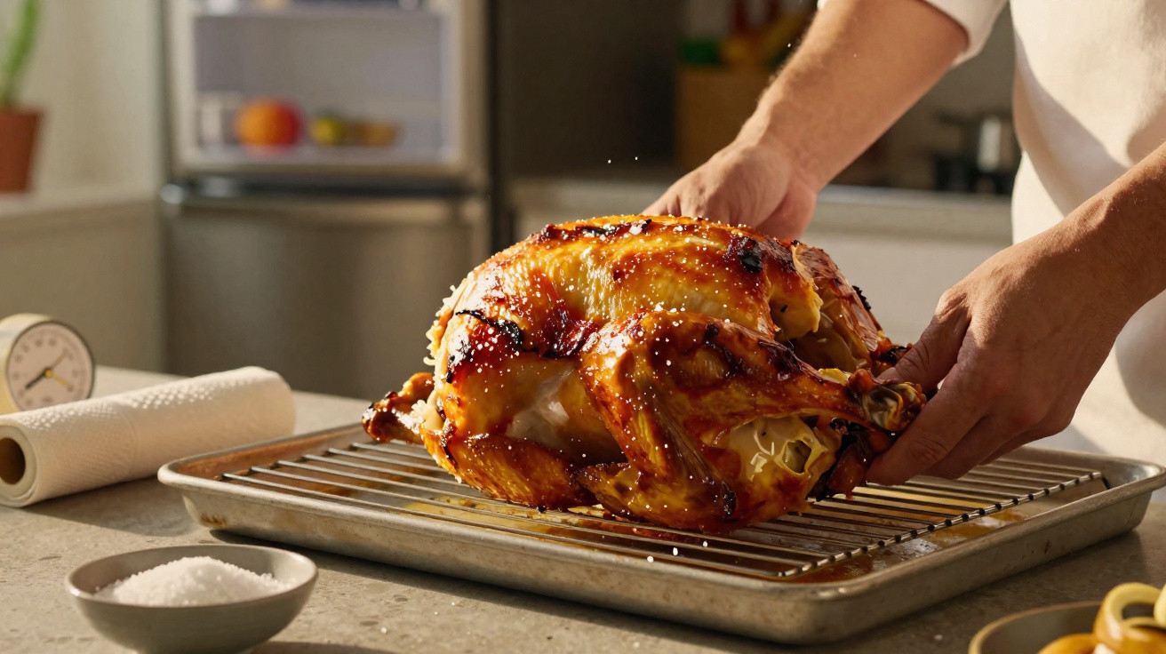 Frango assado dourado sendo retirado de assadeira com grade na cozinha, próximo a sal e papel toalha.