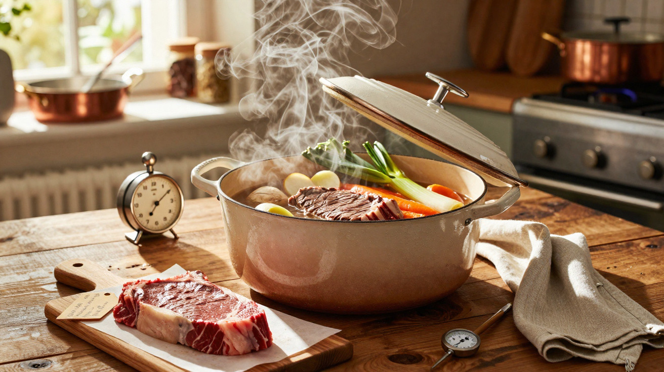 Panela de ferro com carne e legumes cozinhando, ao lado bife cru em tábua de madeira e relógio despertador.