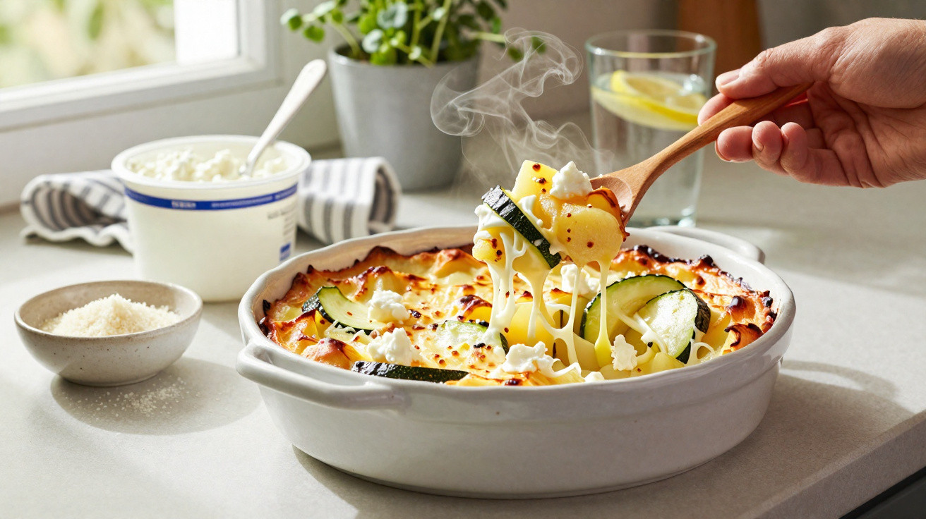 Prato branco com macarrão gratinado, queijo derretido e fatias de abobrinha, com vapor visível.