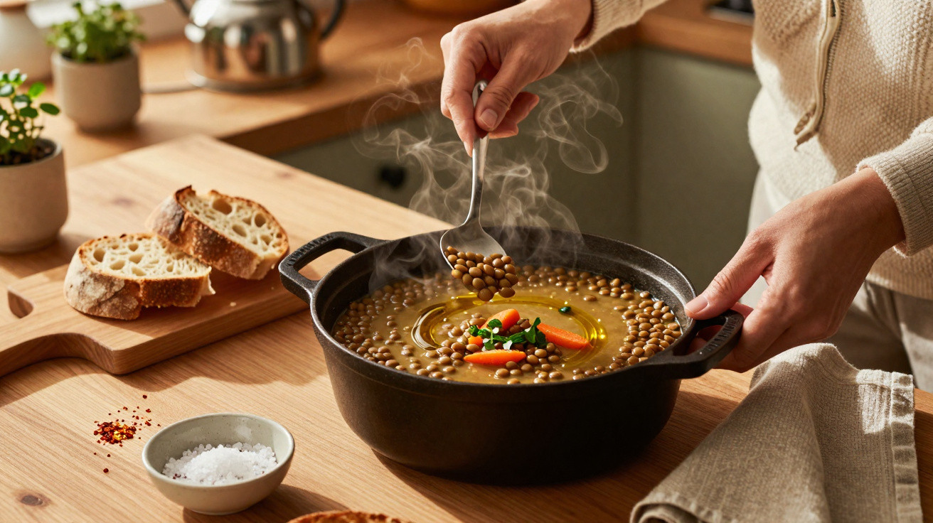 Pessoa mexendo sopa quente de lentilha com cenoura em panela preta, ao lado de pão e sal na mesa de madeira.
