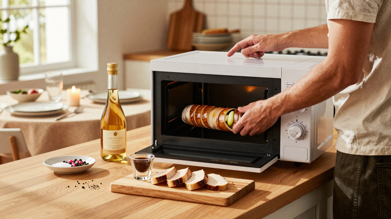 Pessoa colocando espeto giratório com legumes no micro-ondas branco em cozinha iluminada.