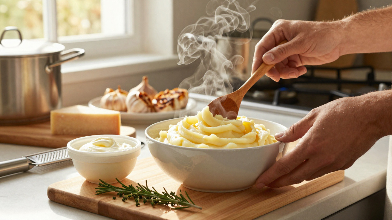 Mãos mexendo purê de batatas quente em uma tigela branca na cozinha com ingredientes ao fundo.
