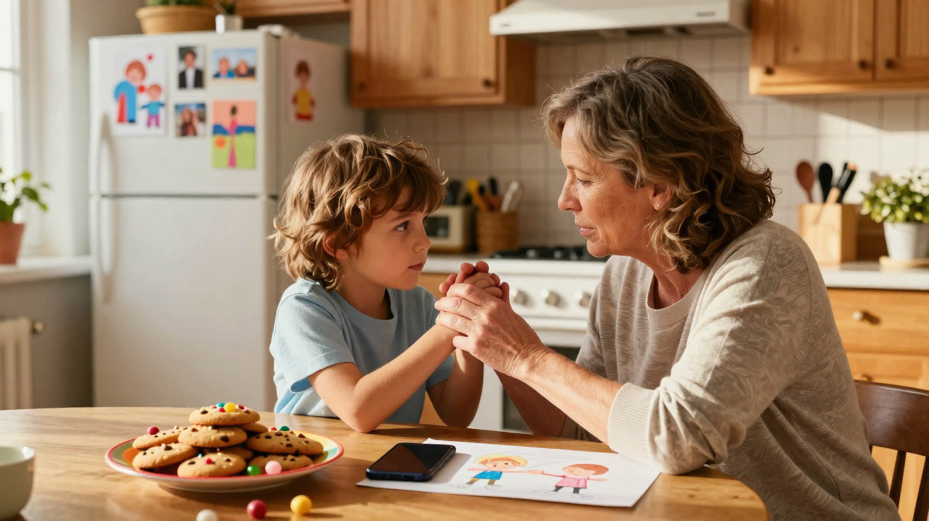 Criança e idosa se olham segurando as mãos à mesa da cozinha com biscoitos e desenho colorido.