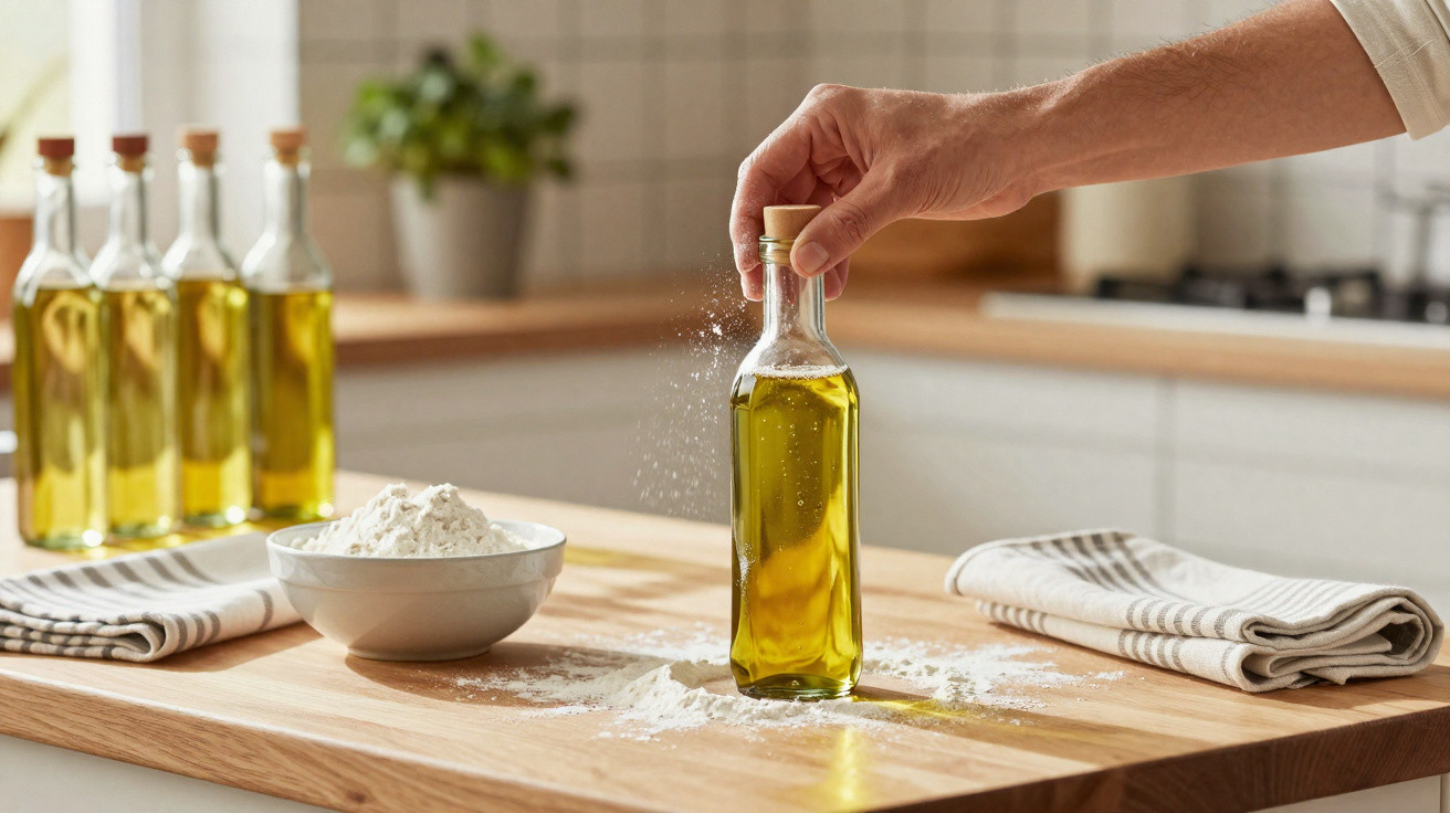Mão segurando garrafa de azeite sobre mesa com farinha, toalhas e outras garrafas ao fundo na cozinha.