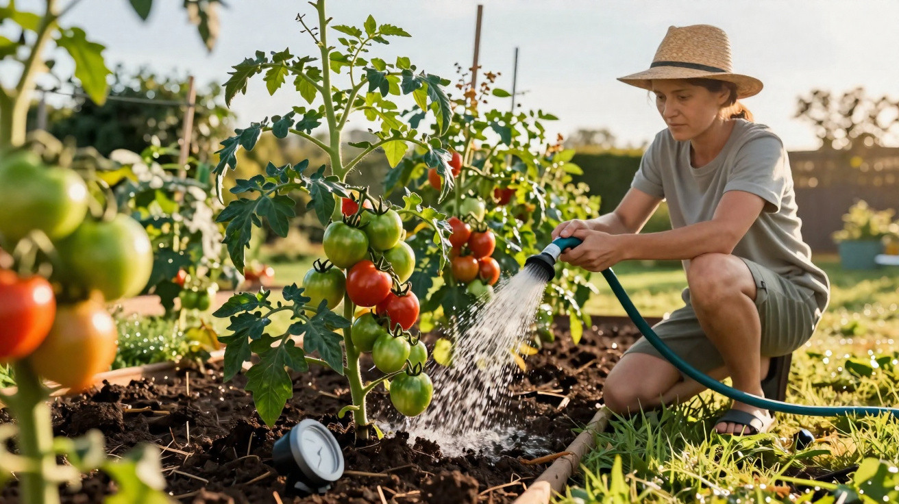 Mulher com chapéu regando plantas de tomate com mangueira em jardim ao ar livre.